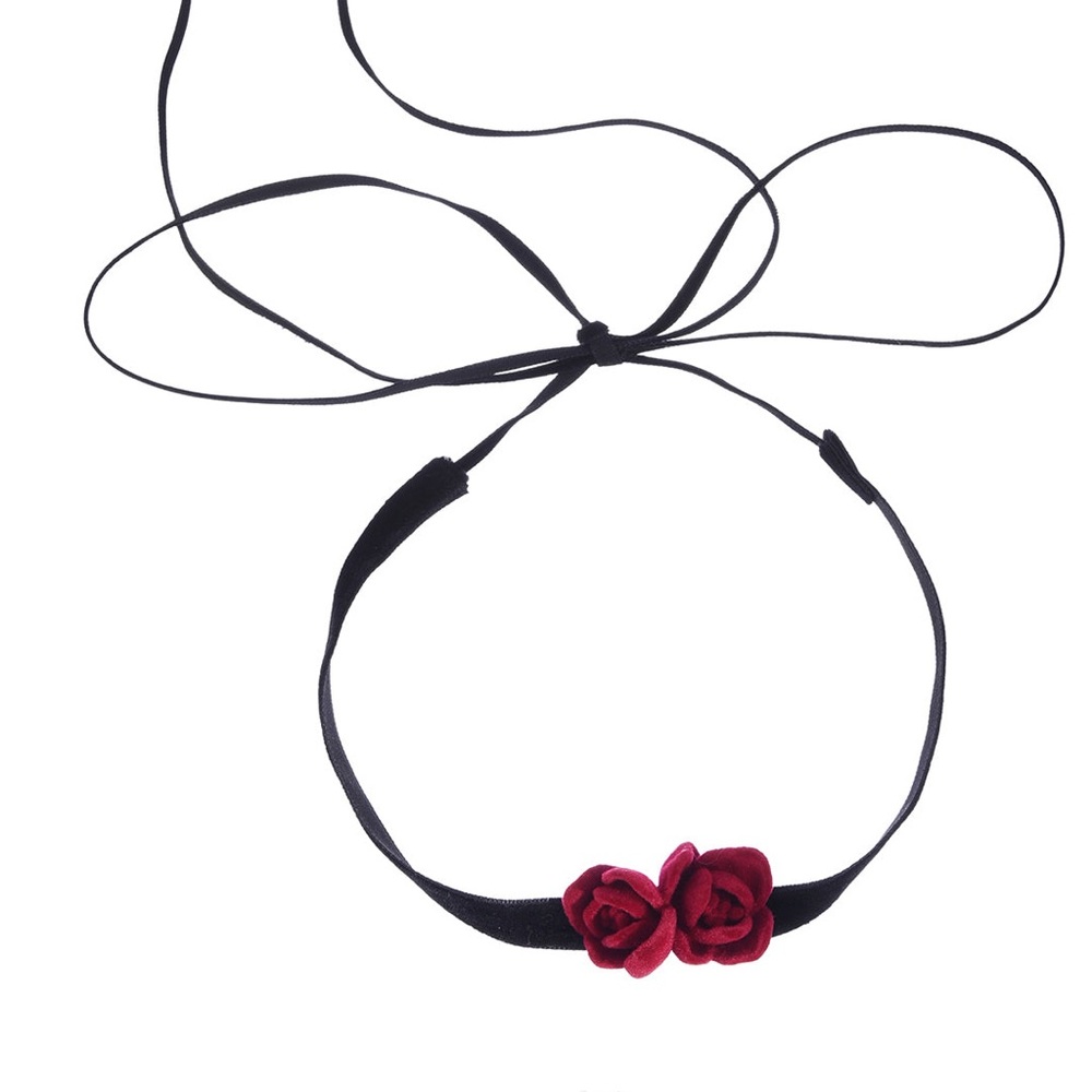 Women's Black Ribbon Choker with Red Flower Accent